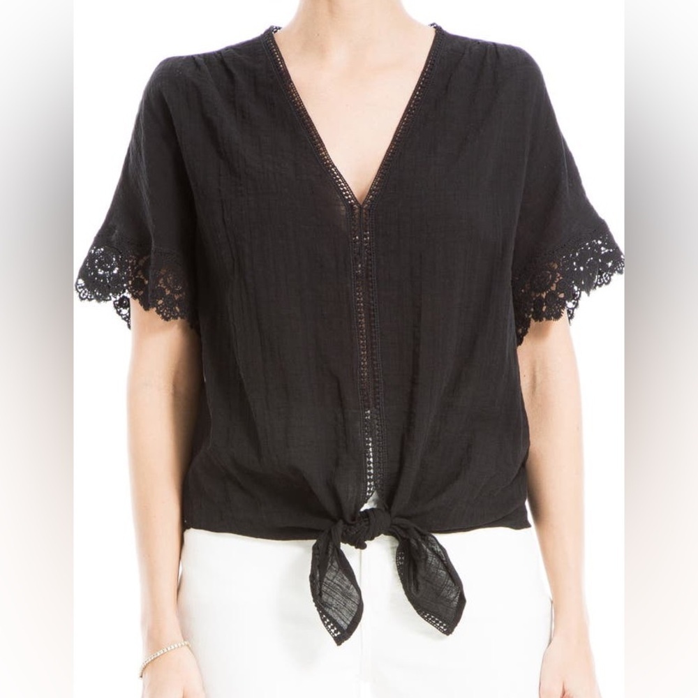 Max Studio Lace Trim Tie Front Blouse Top NWT Small